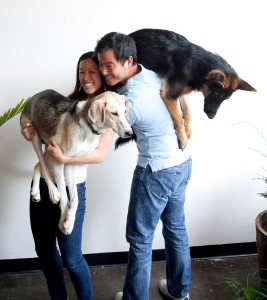 Jason and Jinee holding Puppy (at 1 year) and Marty (my brother's 6 month old dog)